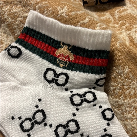 Women's White Socks with Black Pattern and Green-Red Accent - Picture 2 of 2